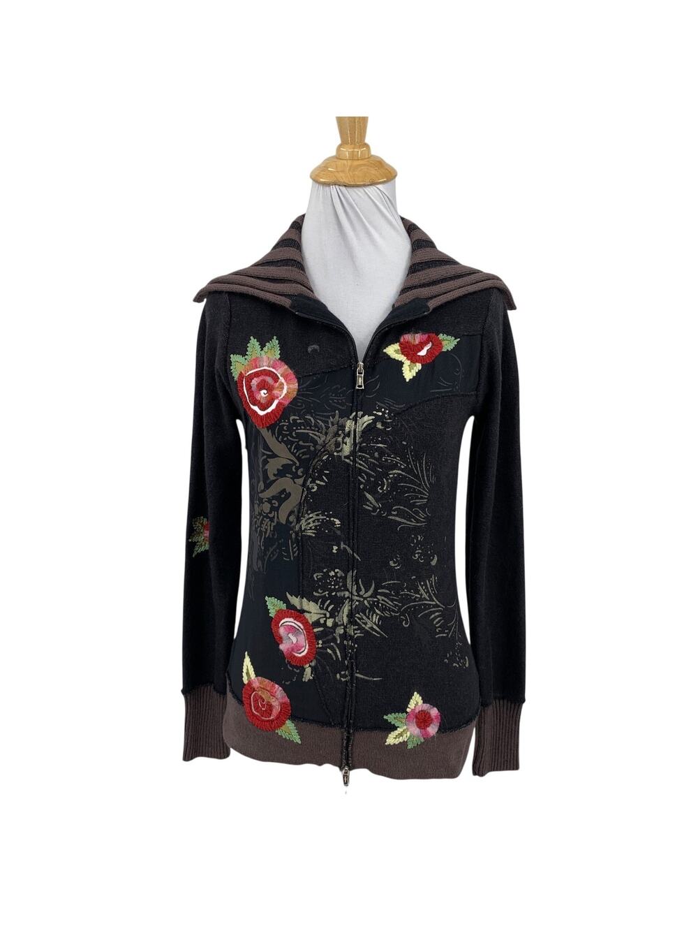 One Girl Who Sweater Womens M‎ Medium Angora Blend Crewel Floral Full Zip Y2K